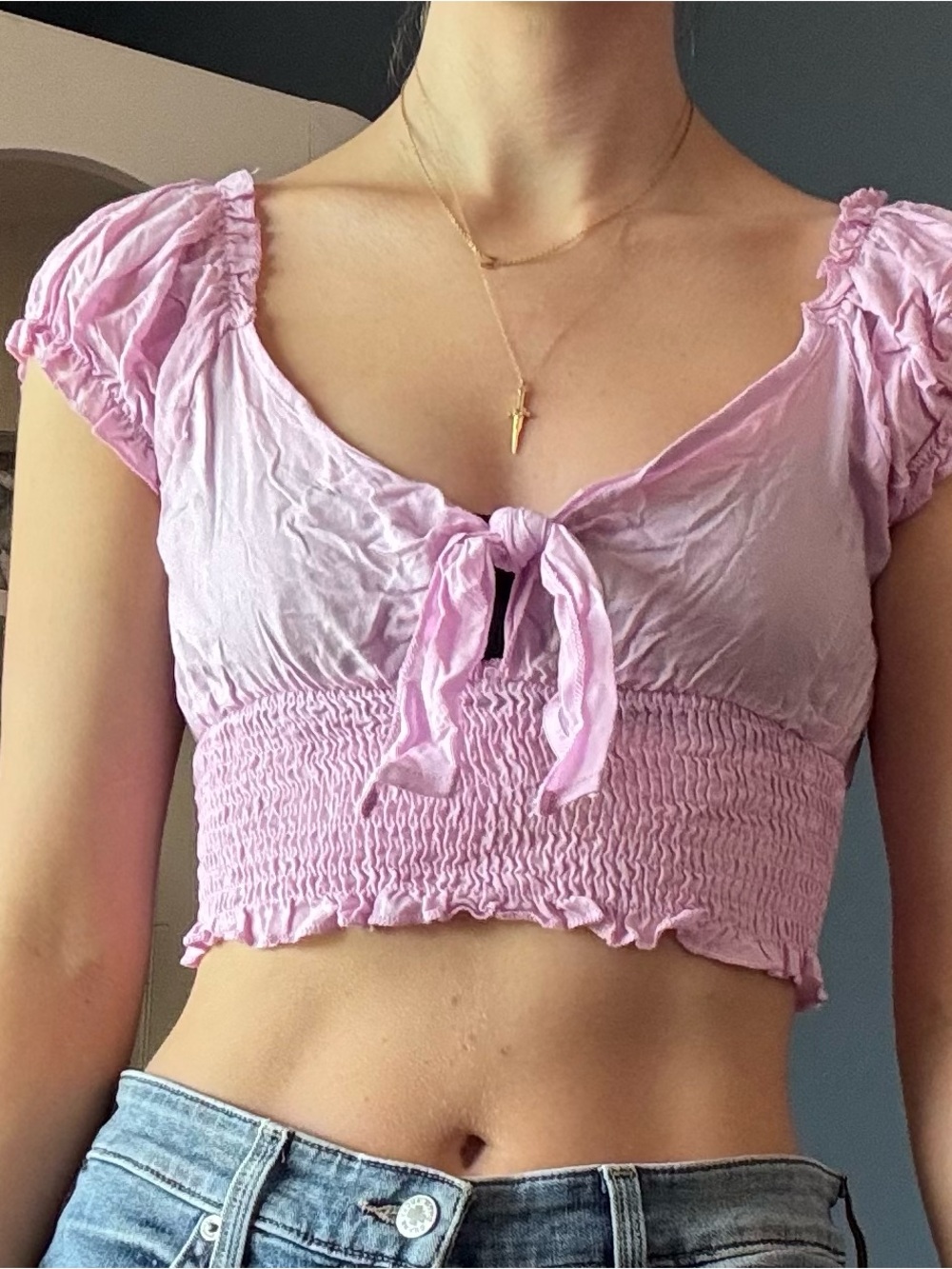 SHEIN Lavender Pink Smocked Tie-Front Crop Top